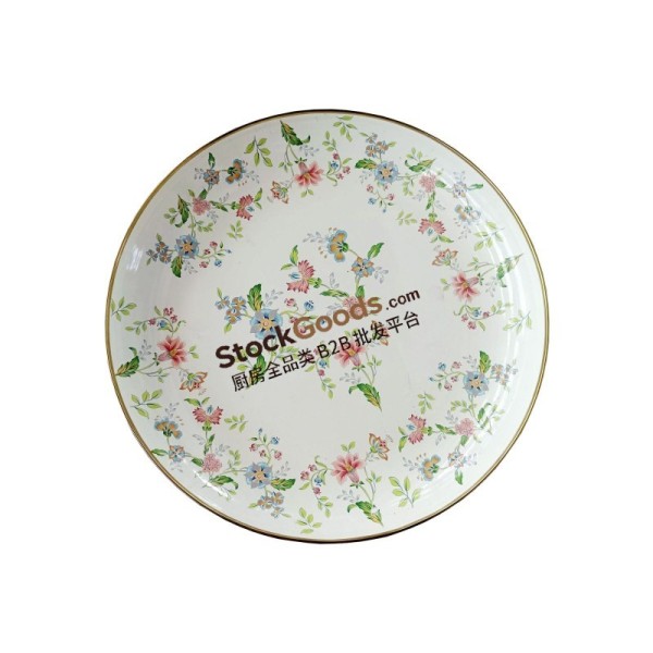 High Quality Floral Enamel Plate with Feet, Golden Rim, Bottom with Logo, Multiple Sizes & Multiple Patterns Available